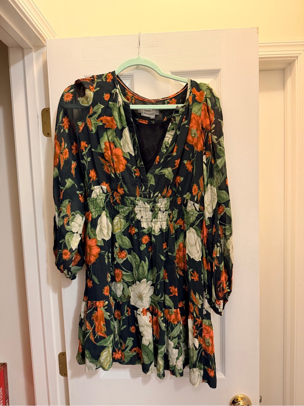 Anthropologie Black Floral Long-Sleeve Tiered Mini Dress